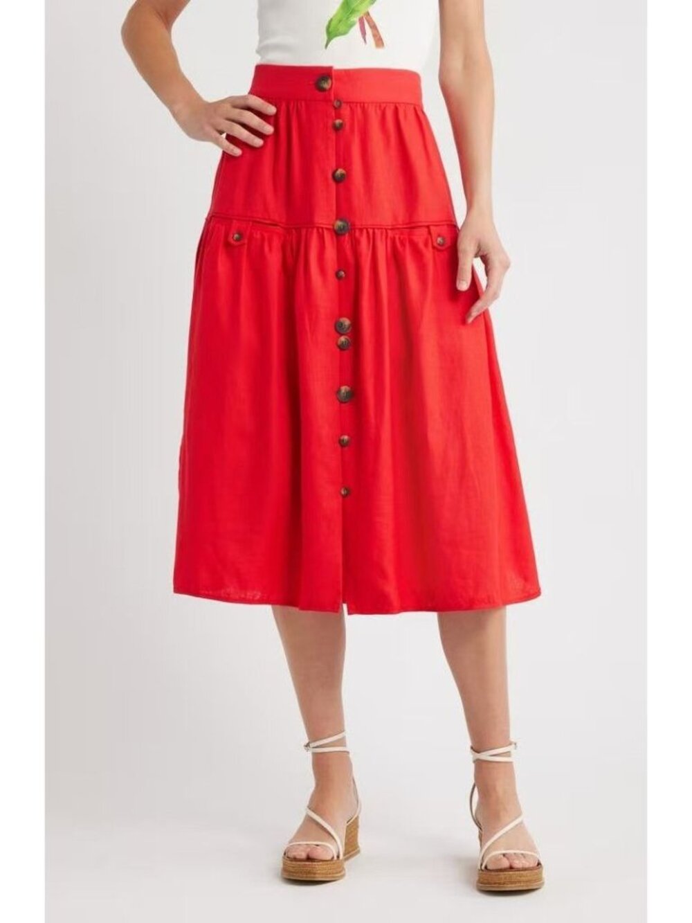 NWOT Farm Rio Red Mixed Buttons Linen Midi Skirt Elastic Waist Size S - Picture 2 of 13